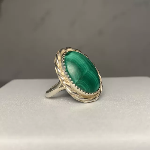 Signed Native American Sterling Silver Natural Malachite Ring Sz 6.5 Hopi?