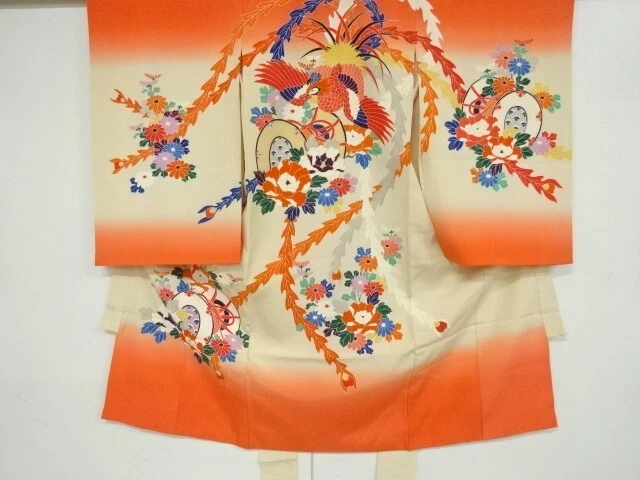 40011# Japanese Kimono / Antique Kimono For Girls / Crane & Flower & Bir