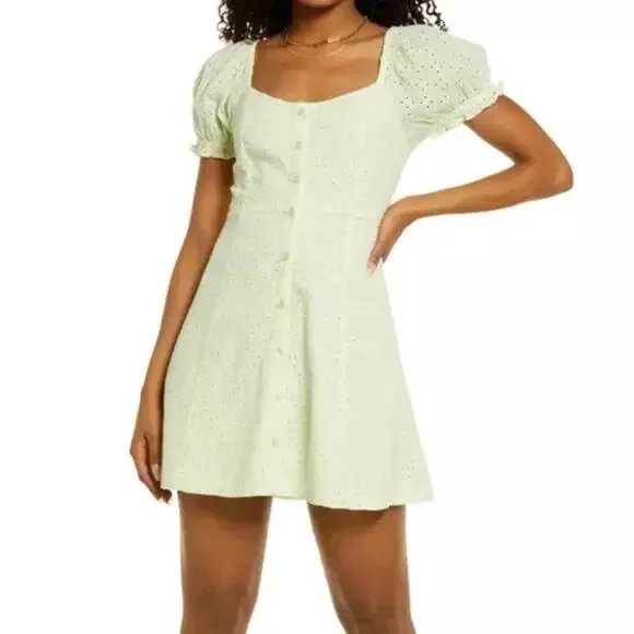 BP Green Eyelet Puff Short Sleeve Button Front Mini Dress Womens Size XXS