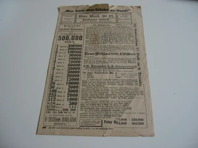 Werbung Reklame Hamburger Lotterie 1885 Antik Dokument Gewinn Lose Lotterielos