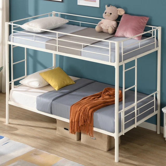 Twin Over Twin Metal Bunk Bed with Safety Guardrails,Convertible Bunkbeds,White