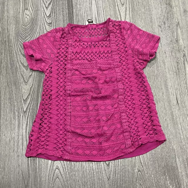 Lucky Brand Top Crochet Short Sleeve Crewneck Bohemian Magenta Pink XS