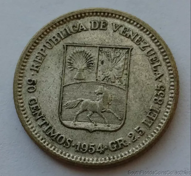 1954 Venezuela Bolivar 50 Centimos .835 Silver Coin