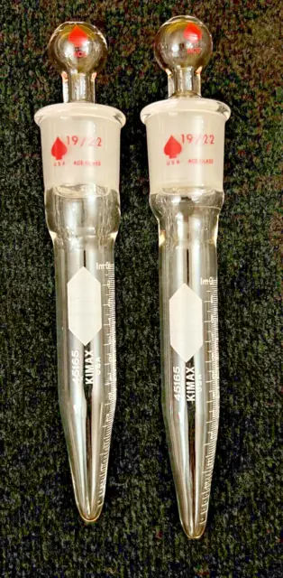 Two 10mL ACE Glass Graduated (0.1-.2mL) Tube Receivers, 19/22 Joints + Stoppers