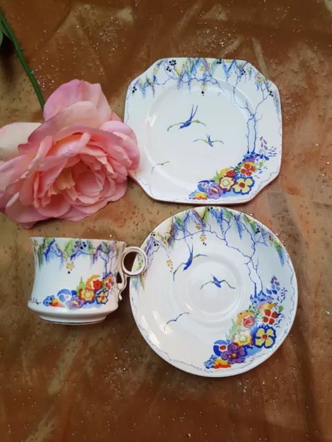 Vintage Art Deco Carlton China Trio Tea Cup Saucer & Tea Plate "Springtime"