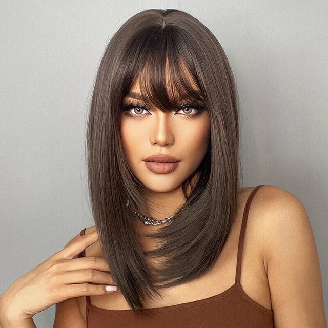 UK Womens Dark Brown Wigs With Bangs Layered Hair Medium Long Straight Wigs