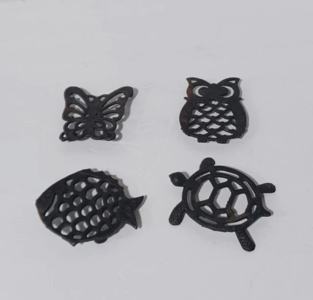 Vintage 1970's Cast Iron Trivets Set Of 4 Coasters Butterfly Turtle Fish Owl