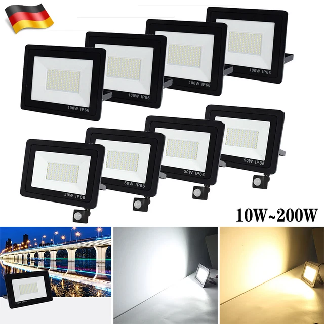 10-200W LED Strahler Fluter mit Bewegungsmelder Außen Baustrahler Flutlicht IP66