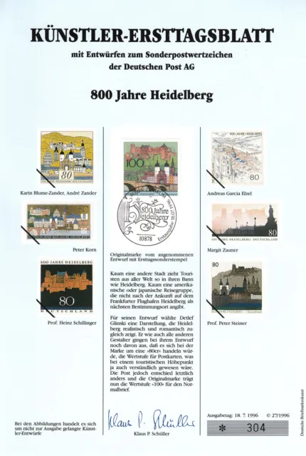 Künstler-Ersttagsblatt  1996/27    800 Jahre Heidelberg    Brd