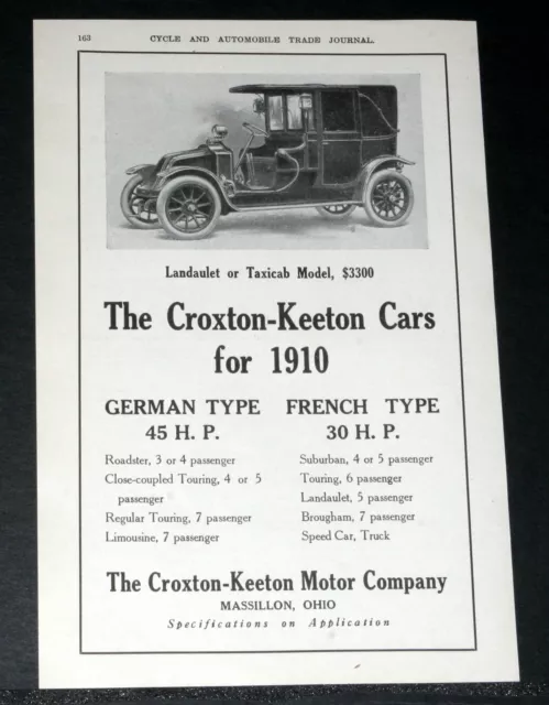 1910 Old Magazine Print Ad, Croxton-Keeton, German And French Type Motor Cars!
