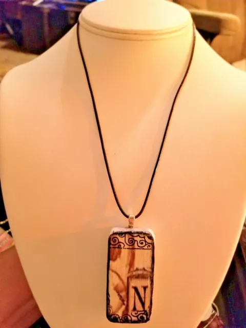 The Letter N Pendant 1"×2" Reclaimed Mixed Media Art Includes Leather Necklace