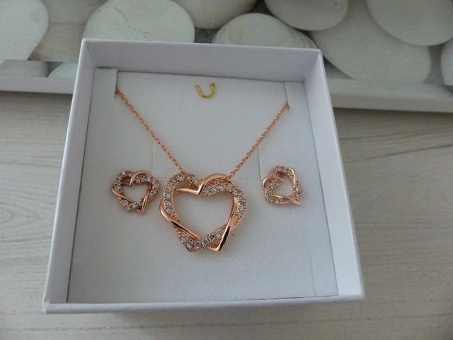 Parure Coeur Dorée Collier + Boucles D'oreilles - Neuf Avec étiquettes - Strass Transparent