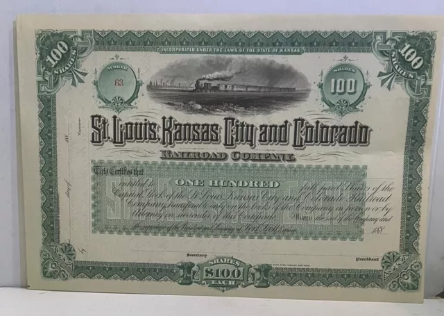 St. Louis, Kansas City & Colorado Railroad Stock Certificate -Kansas 1880’s