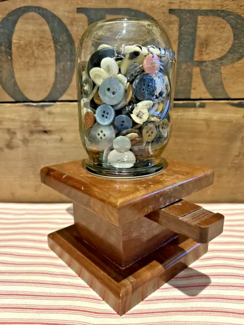Vintage Primitive Handmade Mason Jar Candy M&M Dispenser Filled with Old Buttons