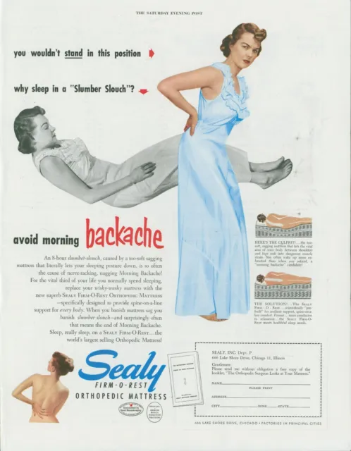 1951 Sealy Mattress Slumber Slouch Nightgown No Backache Vintage Print Ad SP16