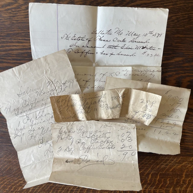 Lot Of 6 Antique Receipts Coffins, Trimmings, Clothing Mid-Late 1800’s Missouri