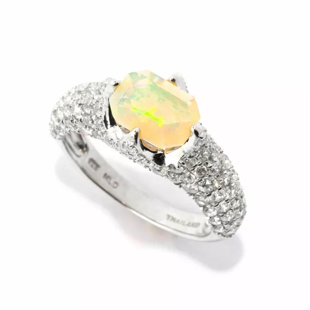 Meher's Jewelry Emerald Cut Ethiopian Opal & White Zircon Gemstone Pave Ring