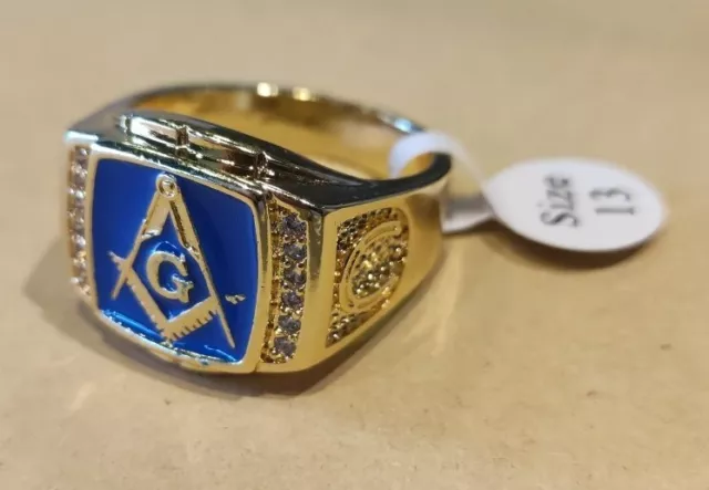 Freimaurer Ring Masonic, Edelstahl, vergoldet, mit 10 Strass-Steinen, Hufeisen.