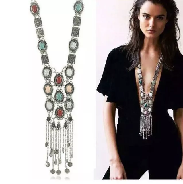 Boho festival silver Tassel Gems Long statement chunky bib necklace