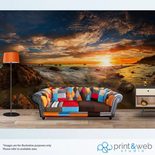 Rocky Beach Sunset Wall Mural Wall Art Quality Pastable Wallpaper Bedroom Decal