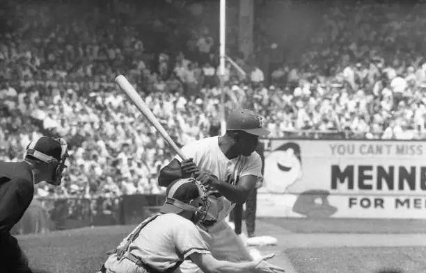Brooklyn Dodgers Jackie Robinson in action, bating vs St. Louis Ca - Old Photo