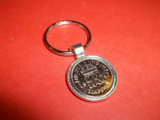 SIXPENCE COIN - SILVER CASED PENDANT KEY RING - 1947 to 1967