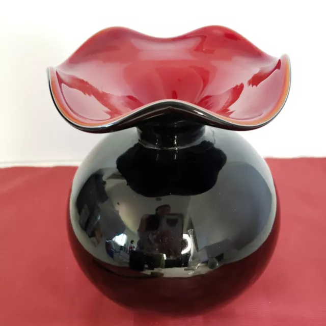 Black And Red Cased Hand Blown Art Glass Vase