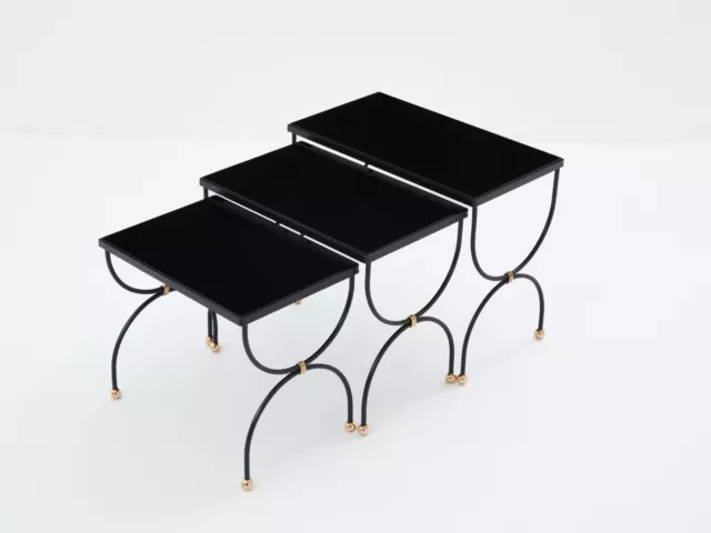 Maison Jansen tables Gigognes metal laiton verre opalin noir 1960