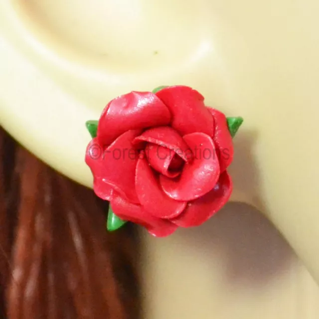 Red Rose Stud Earrings  - Hand Sculpted - Wedding, Valentine, Wedding or Prom