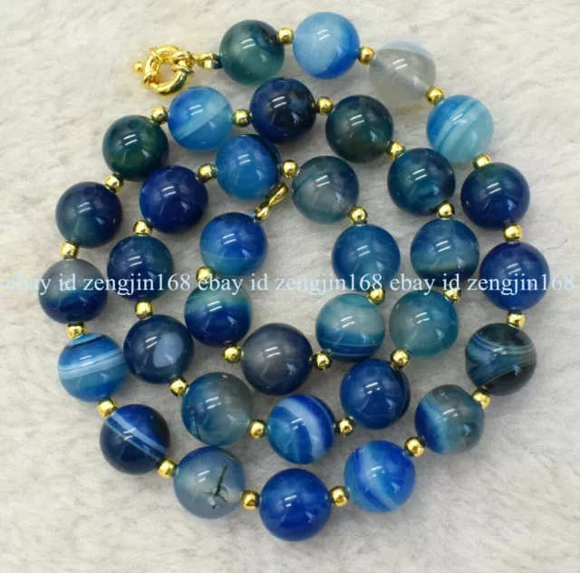 Natural 10mm Blue Striped Agate Gemstone Round Beads Necklace 18" AAA+