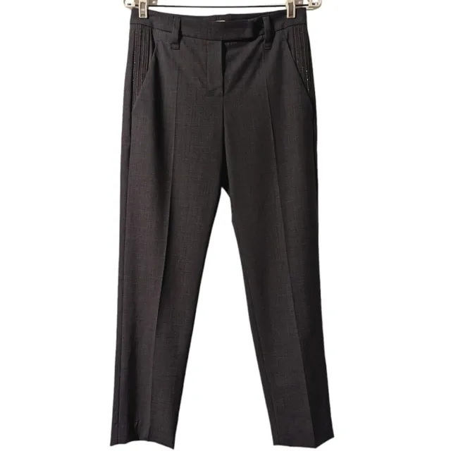 NWT Brunello Cucinelli Virgin Wool Beaded Grey Ankle Length Trouser Career Pants