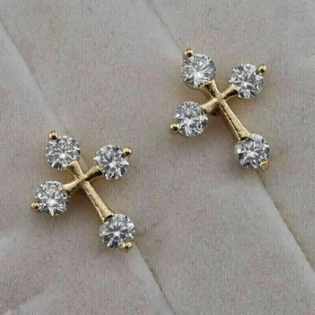 Cross Stud Earrings 925 Yellow Sterling Silver 1.50 CT Round Simulated Diamond