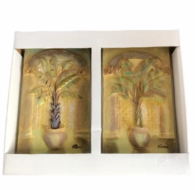Albena Set of 2 Wall Plaques Potted Palm Trees Arbor Rectangle New in Box