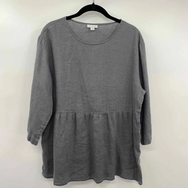 J. Jill Linen Top Long Sleeve Empire Waist Ruffle Hem Gray Womens Size Small