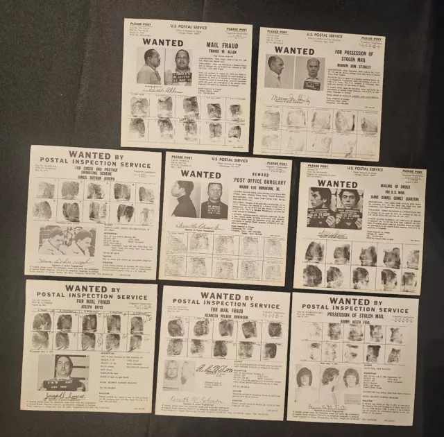 Lot of Eight (8) Vintage USPS Wanted Flyers Mailers Mugshots Fingerprints 1970s