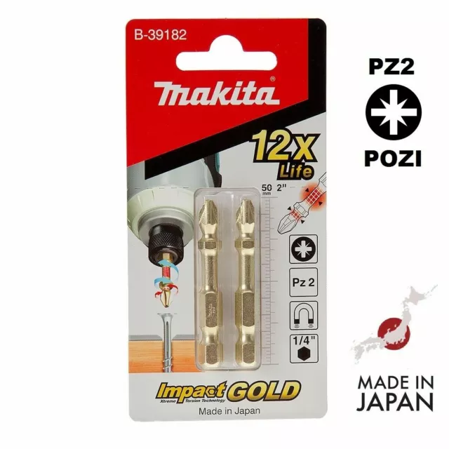 Makita PZ2 Pozi Screwdriver Bit Set x2 Impact Gold Xtreme 50mm Driver Insert 2" 2