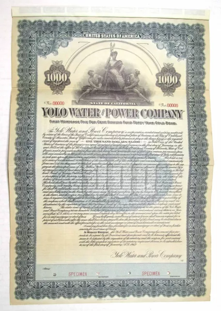 CA. Yolo Water & Power Co., 1912. $1000 Specimen 5% Coupon Bond. F-VF.