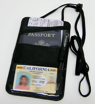 BLACK LEATHER PASSPORT Boarding Pass ID CARD Thin Lanyard Holder Neck Strap 2