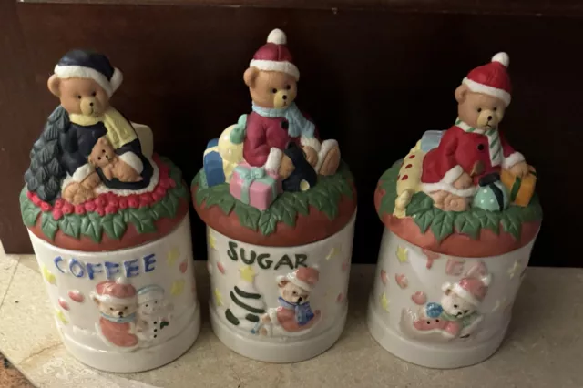 Vintage Christmas Teddy Bear Coffee, Tea, & Sugar Jar Bowl