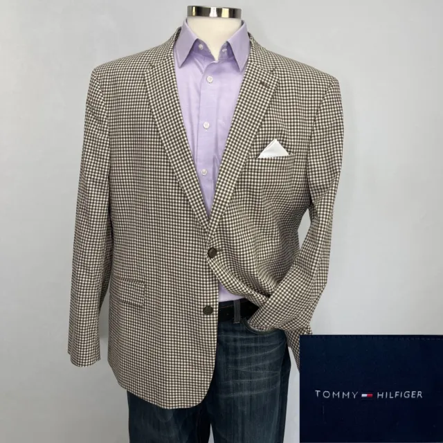 Tommy Hilfiger Mens 48R Brown Gingham Check Seersucker Blazer Jacket Sport Coat