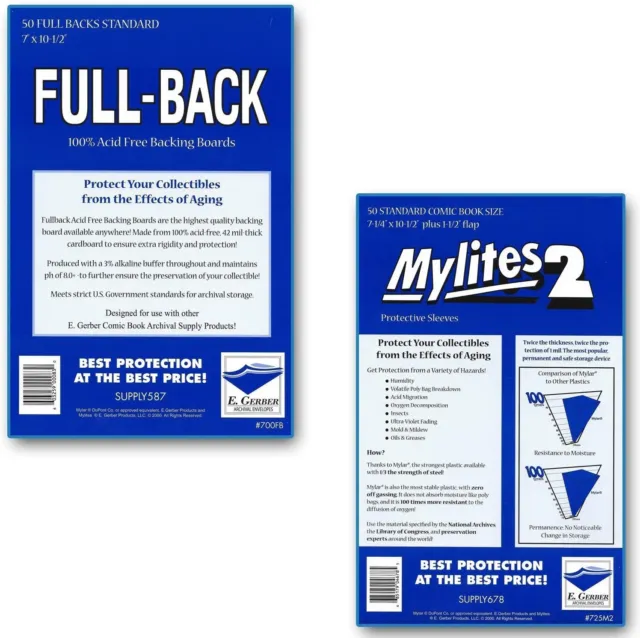 MYLITES2 STANDARD COMBO: 2-MIL COMIC BAGS + FULL BACK BOARDS 50 Count Mylar NEW