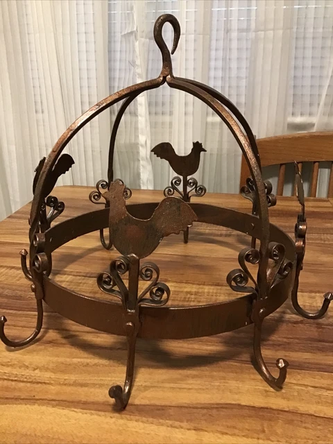 WROUGHT IRON HANGING CHICKENS ROOSTER 8 HOOK POT  RACK 12”x 11.5" COPPERS COLOR