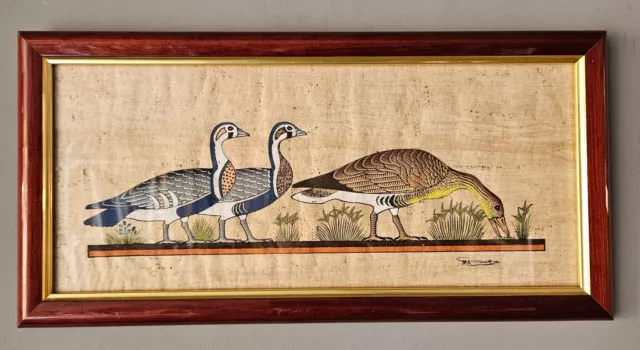 Framed Painted Art on Papyrus of 3 Meidum Geese - Vintage Egypt Egyptian
