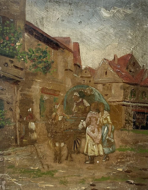 Antique Folk Art Primitive European Cityscape Oil Painting+