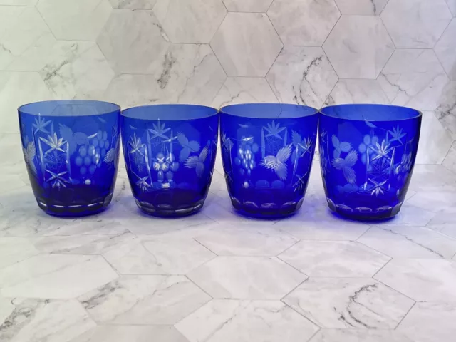 Set of (4) Blue Old Fashioned cobalt blue cut to clear. by HORTENSJA