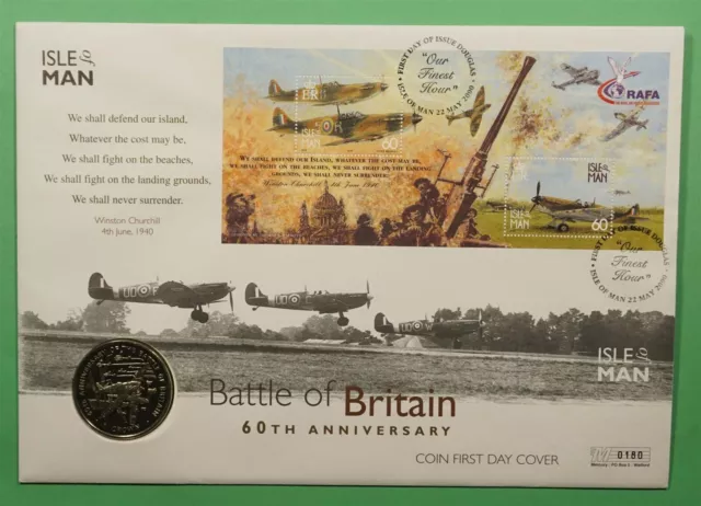 DR WHO 2000 ISLE OF MAN FDC BATTLE OF BRITAIN 60TH ANNIV S/S + COIN Lc335781