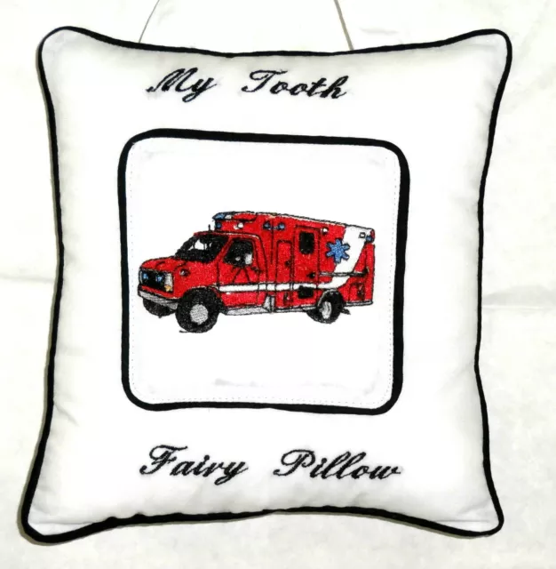 Tooth Fairy Pillow embroidered Red Rescue Vehicle on White Cotton New Handmade