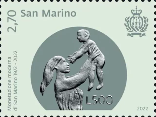 San Marino 2022 50º Anniversario Della Monetazione Moderna Francobollo Nuovo