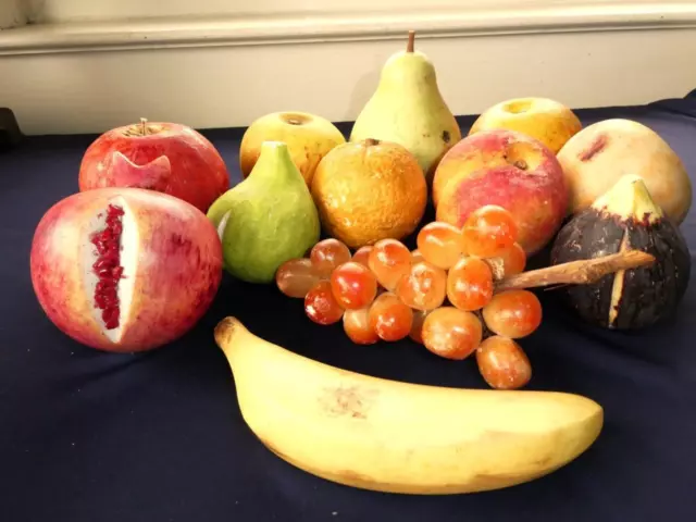 12 pc EARLY ITALIAN ALABASTER STONE FRUIT FIG POMEGRANATE PEACH GRAPES BANANA