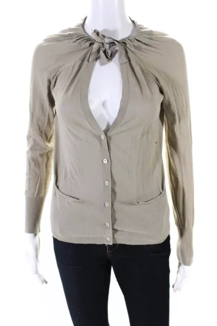 Elie Tahari Womens Cotton Knit V-Neck Button Up Cardigan Sweater Beige Size XS